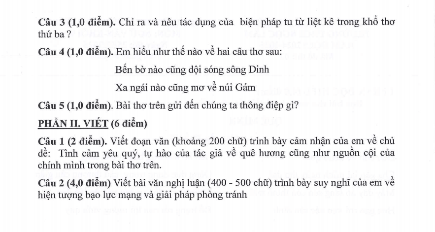 Đề thi Giữa kì 2 Văn 9 năm 2024-2025 trường THCS Ngọc Lâm (Hà Nội)