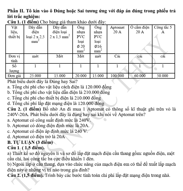 Đề thi Học kì 1 Công nghệ 9 năm 2025-2026 trường THCS Ngọc Thụy (Hà Nội)