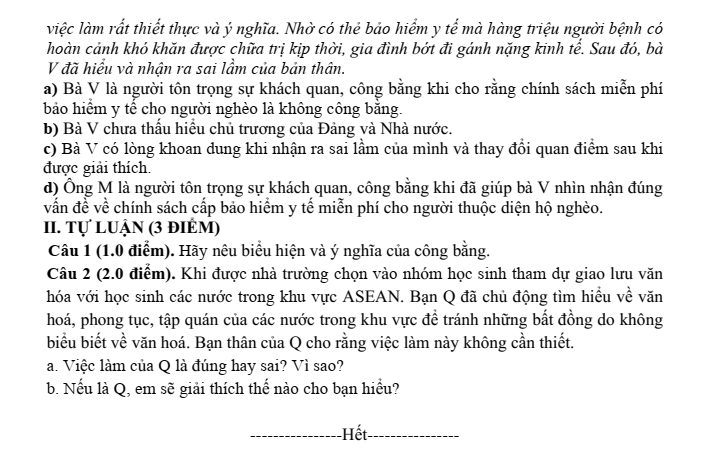 Đề thi Học kì 1 GDCD 9 năm 2024-2025 trường THCS Gia Quất (Hà Nội)