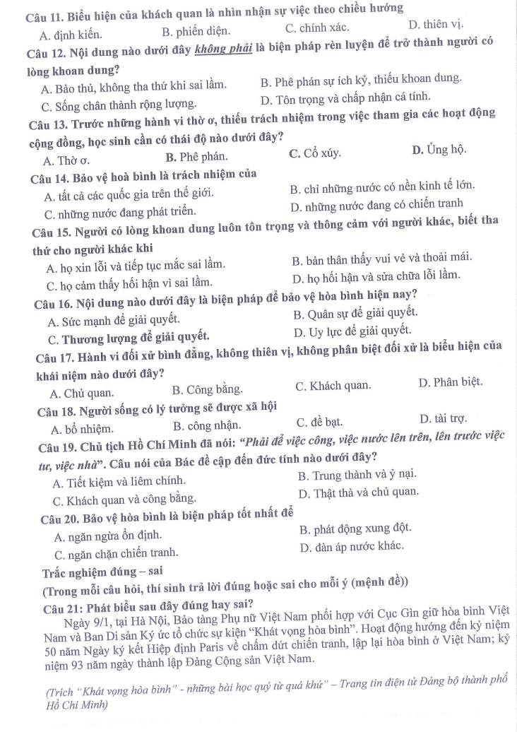 Đề thi Học kì 1 GDCD 9 năm 2025-2026 trường THCS Ngọc Lâm (Hà Nội)