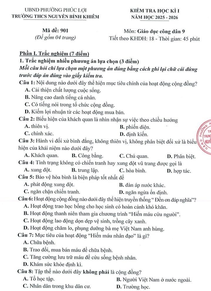 Đề thi Học kì 1 GDCD 9 năm 2025-2026 trường THCS Nguyễn Bỉnh Khiêm (Hà Nội)