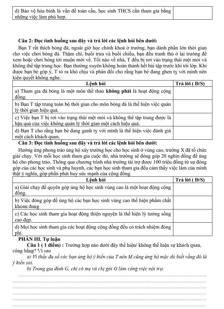 Đề thi Học kì 1 GDCD 9 năm 2025-2026 trường TH&THCS Tân Trung (Tp.HCM)
