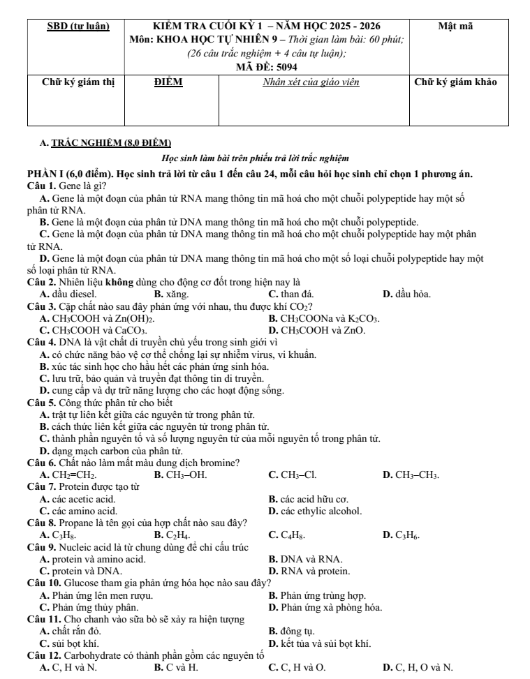 Đề thi Học kì 1 KHTN 9 năm 2025-2026 trường THCS Lương Thế Vinh (Tp.HCM)