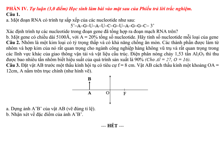 Đề thi Học kì 1 KHTN 9 năm 2024-2025 trường THCS Ngô Gia Tự (Hà Nội)