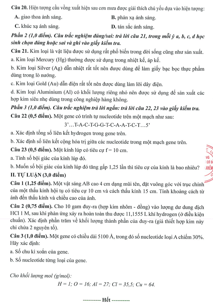 Đề thi Học kì 1 KHTN 9 năm 2025-2026 trường THCS Nguyễn Bỉnh Khiêm (Hà Nội)