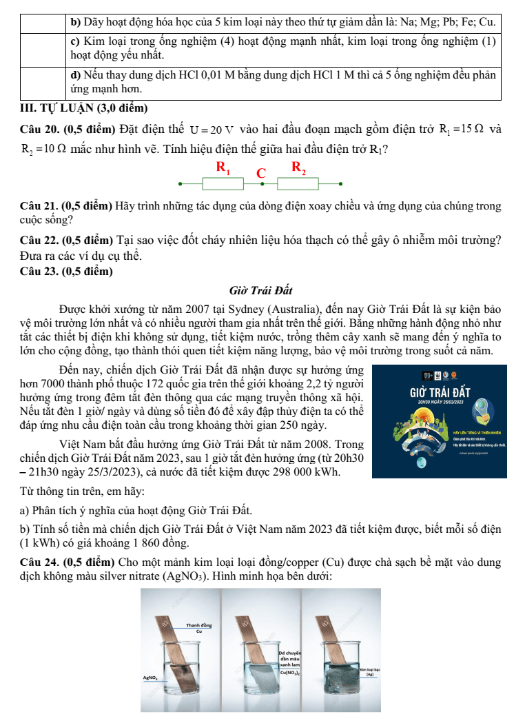 Đề thi Học kì 1 KHTN 9 năm 2025-2026 trường TH&THCS Tân Trung (Tp.HCM)