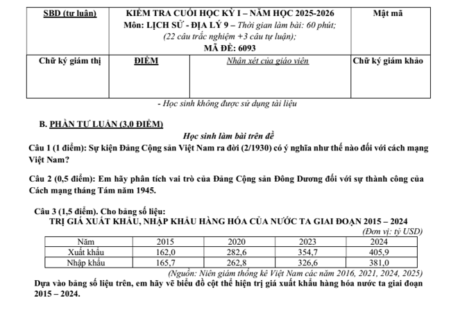 Đề thi Học kì 1 Lịch Sử và Địa Lí 9 năm 2025-2026 trường THCS Lương Thế Vinh (Tp.HCM)
