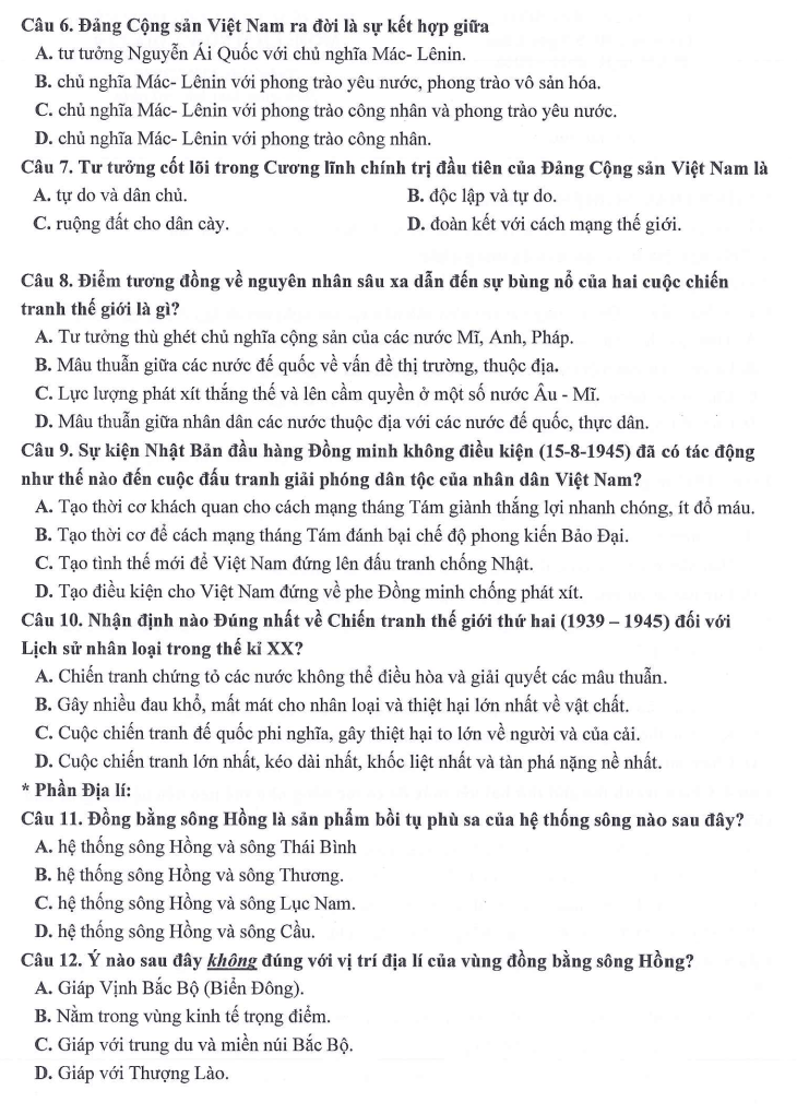 Đề thi Học kì 1 Lịch Sử và Địa Lí 9 năm 2025-2026 trường THCS Ngọc Lâm (Hà Nội)