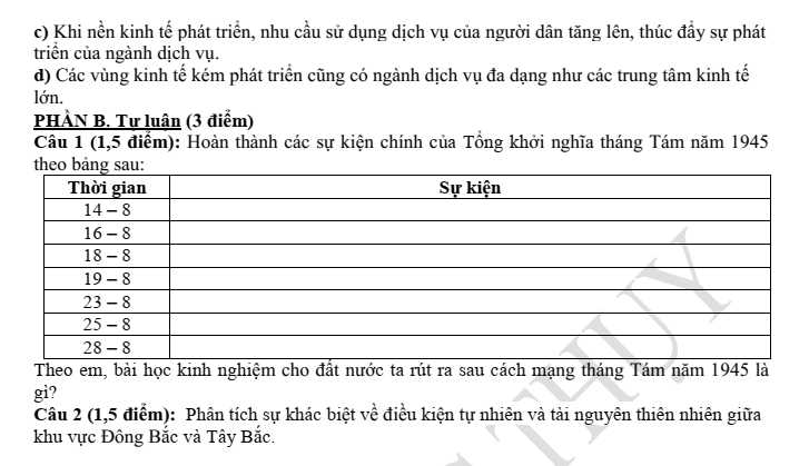 Đề thi Học kì 1 Lịch Sử và Địa Lí 9 năm 2025-2026 trường THCS Ngọc Thụy (Hà Nội)