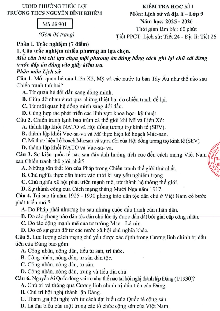 Đề thi Học kì 1 Lịch Sử và Địa Lí 9 năm 2025-2026 trường THCS Nguyễn Bỉnh Khiêm (Hà Nội)
