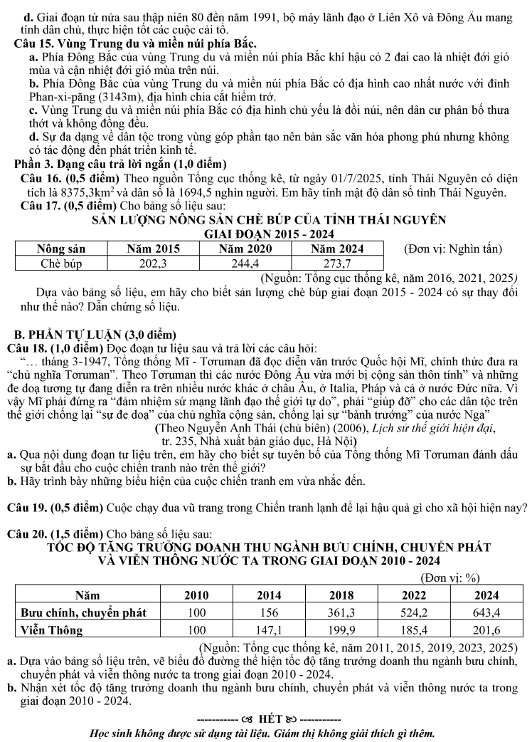 Đề thi Học kì 1 Lịch Sử và Địa Lí 9 năm 2025-2026 trường THCS Nguyễn Văn Tố (Tp.HCM)