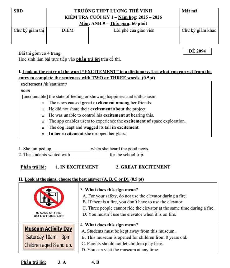Đề thi Học kì 1 Tiếng Anh 9 năm 2025-2026 trường THCS Lương Thế Vinh (Tp.HCM)
