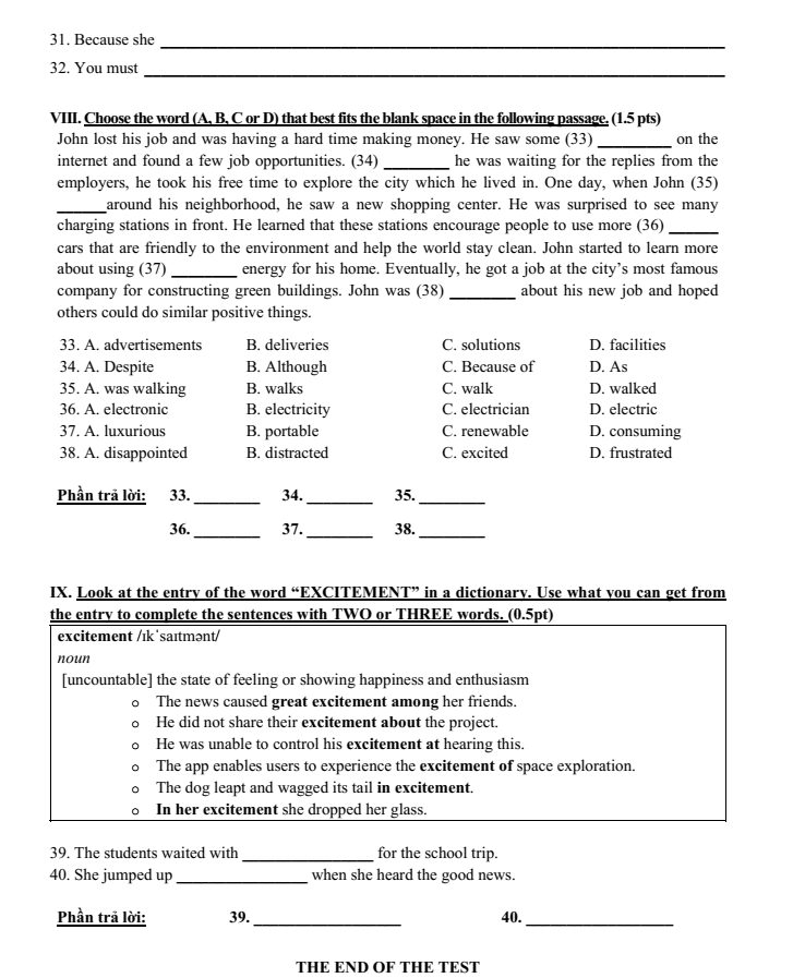 Đề thi Học kì 1 Tiếng Anh 9 năm 2025-2026 trường THCS Lương Thế Vinh (Tp.HCM)