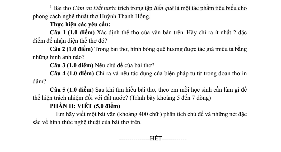 Đề thi Học kì 1 Văn 9 năm 2025-2026 trường TH - THCS Tân Trung (Tp.HCM)