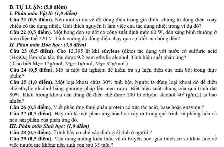 Đề thi Học kì 2 KHTN 9 năm 2025-2026 trường THCS Lý Tự Trọng (Đà Nẵng)