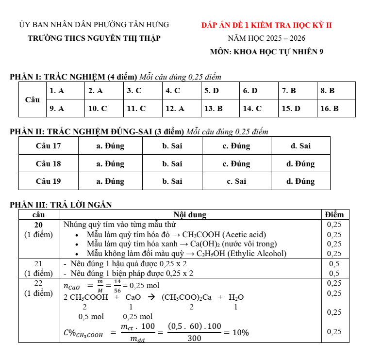 Đề thi Học kì 2 KHTN 9 năm 2025-2026 trường THCS Nguyễn Thị Thập (Tp.HCM)