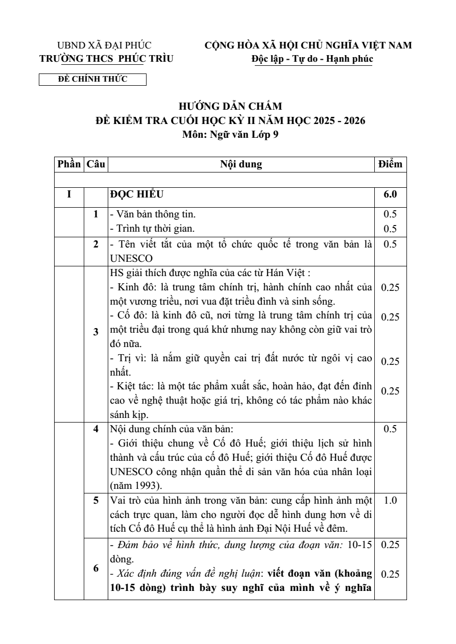 Đề thi Học kì 2 Văn 9 năm 2025-2026 trường THCS Phúc Trìu (Thái Nguyên)