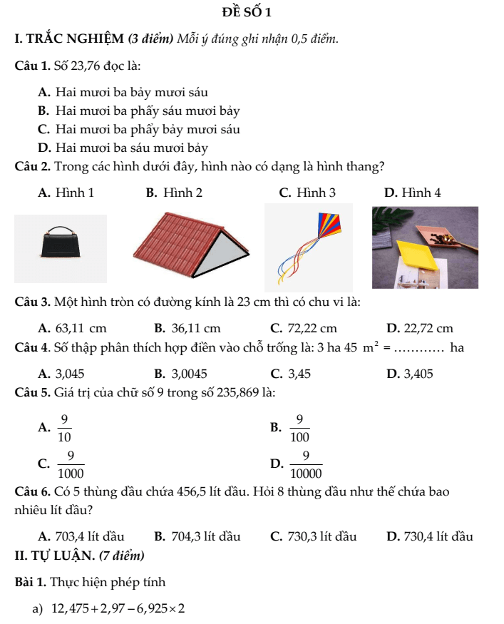 20+ Đề thi Toán lớp 5 Học kì 1 Kết nối tri thức 2025 (tải nhiều)