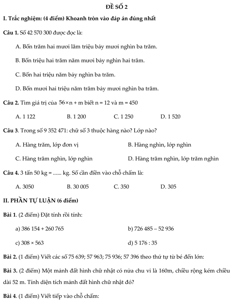 20+ Đề thi Toán lớp 4 Học kì 1 Cánh diều 2025 (tải nhiều)