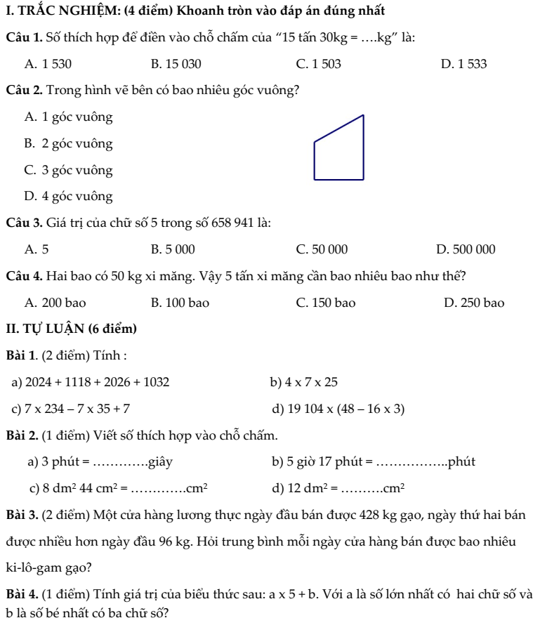 20+ Đề thi Toán lớp 4 Học kì 1 Chân trời sáng tạo 2025 (tải nhiều)