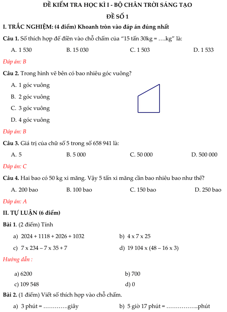 20+ Đề thi Toán lớp 4 Học kì 1 Chân trời sáng tạo 2025 (tải nhiều)
