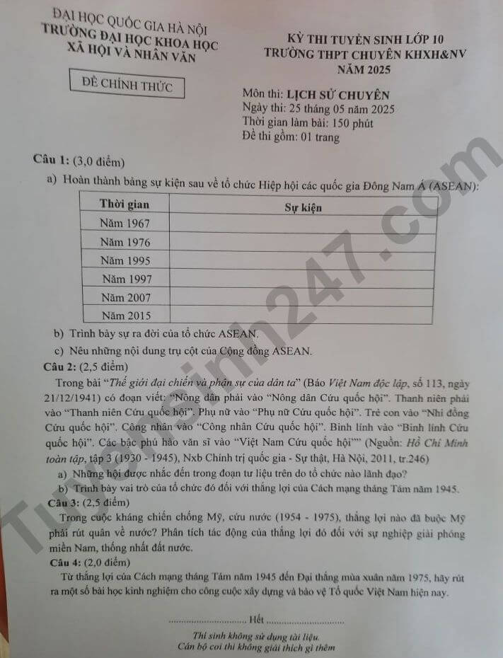 đề thi tuyển sinh Lịch Sử vào lớp 10 Chuyên trường THPT chuyên Khoa học xã hội và nhân văn năm 2025