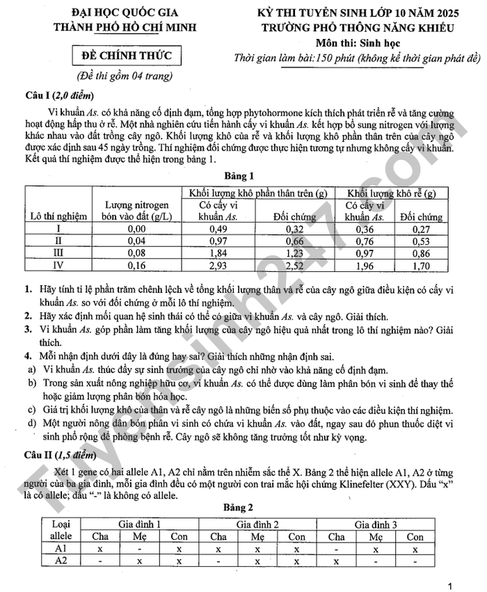 đề thi tuyển sinh Sinh học vào lớp 10 trường Phổ thông năng khiếu HCM