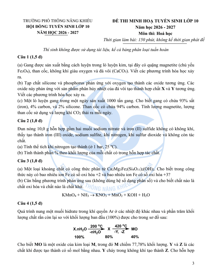 Đề minh họa Chuyên Hóa học vào lớp 10 trường Phổ thông Năng khiếu 2026