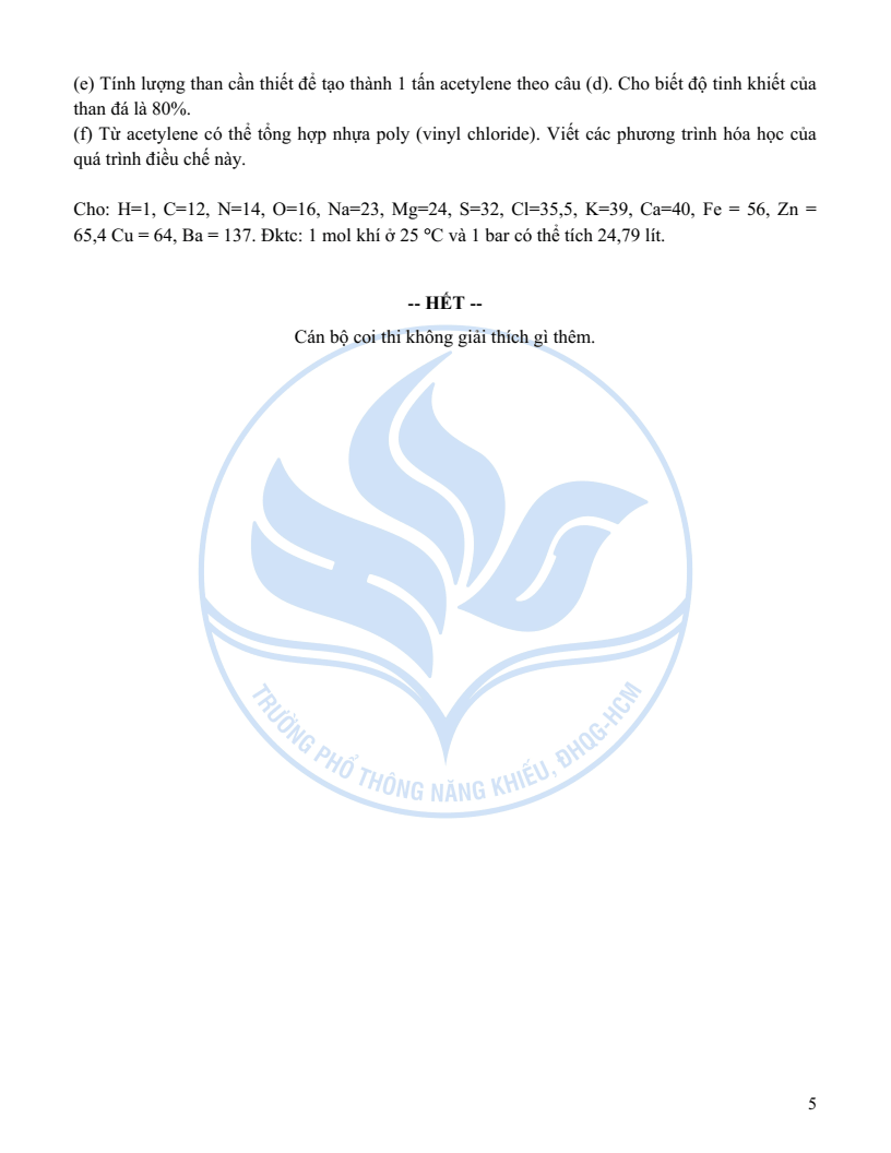 Đề minh họa Chuyên Hóa học vào lớp 10 trường Phổ thông Năng khiếu 2026