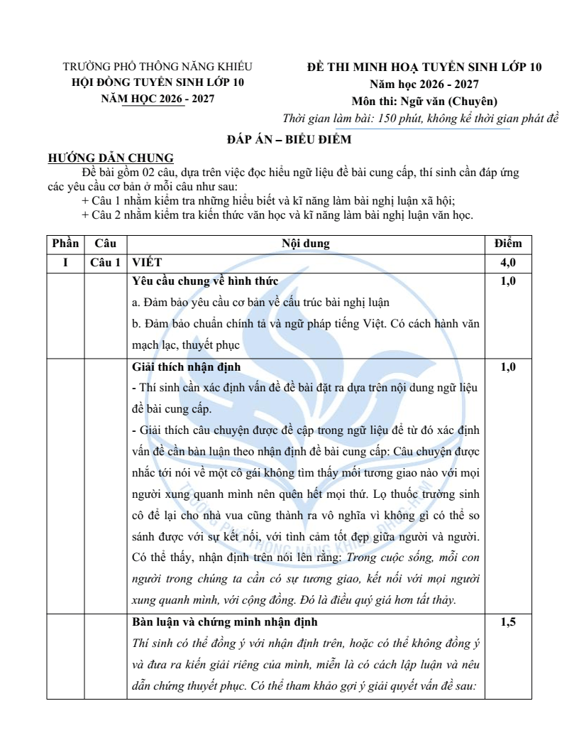 Đề minh họa Chuyên Ngữ văn vào lớp 10 trường Phổ thông Năng khiếu 2026