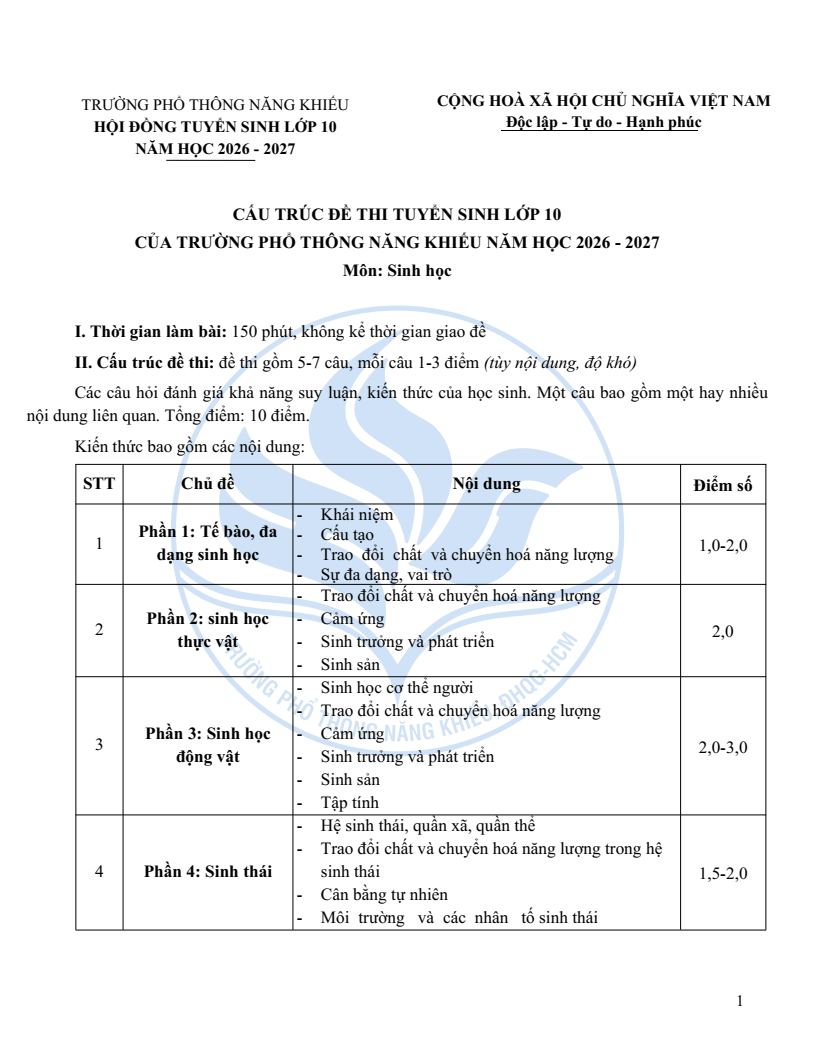 Đề minh họa Chuyên Sinh học vào lớp 10 trường Phổ thông Năng khiếu 2026