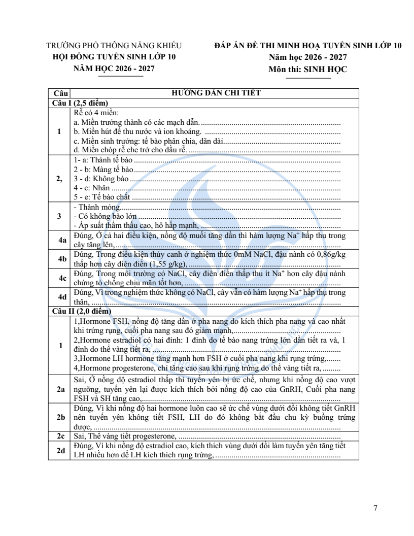 Đề minh họa Chuyên Sinh học vào lớp 10 trường Phổ thông Năng khiếu 2026