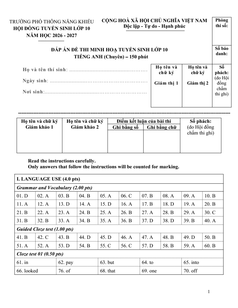 Đề minh họa Chuyên Tiếng Anh vào lớp 10 trường Phổ thông Năng khiếu 2026