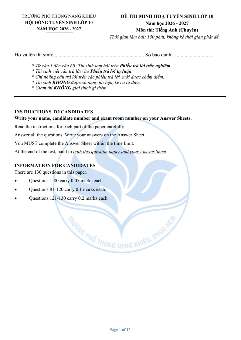 Đề minh họa Chuyên Tiếng Anh vào lớp 10 trường Phổ thông Năng khiếu 2026