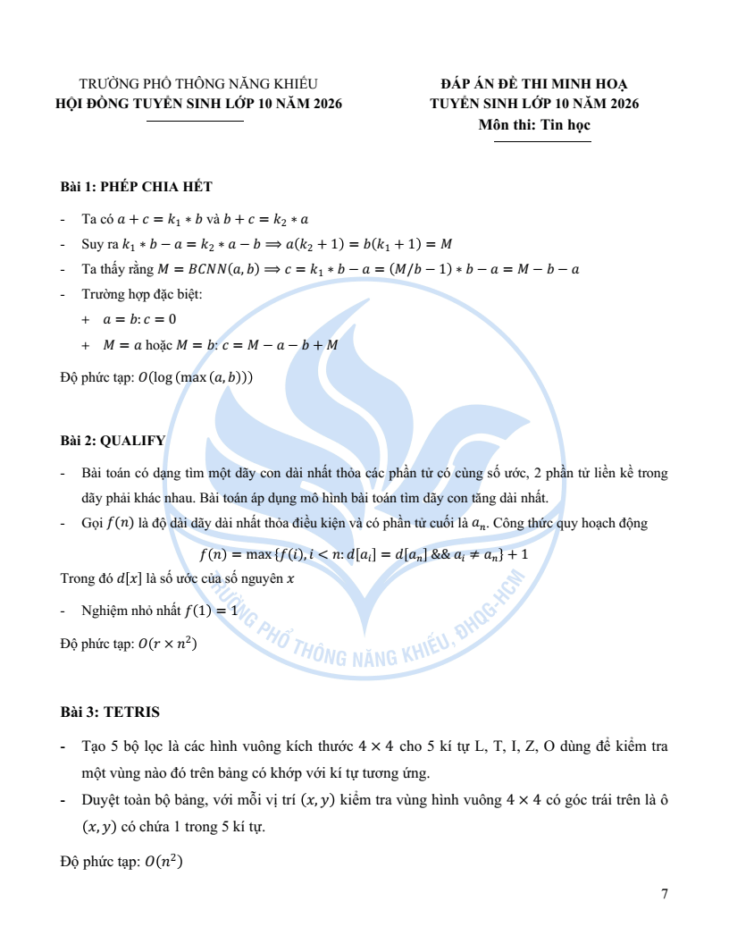 Đề minh họa Chuyên Tin học vào lớp 10 trường Phổ thông Năng khiếu 2026