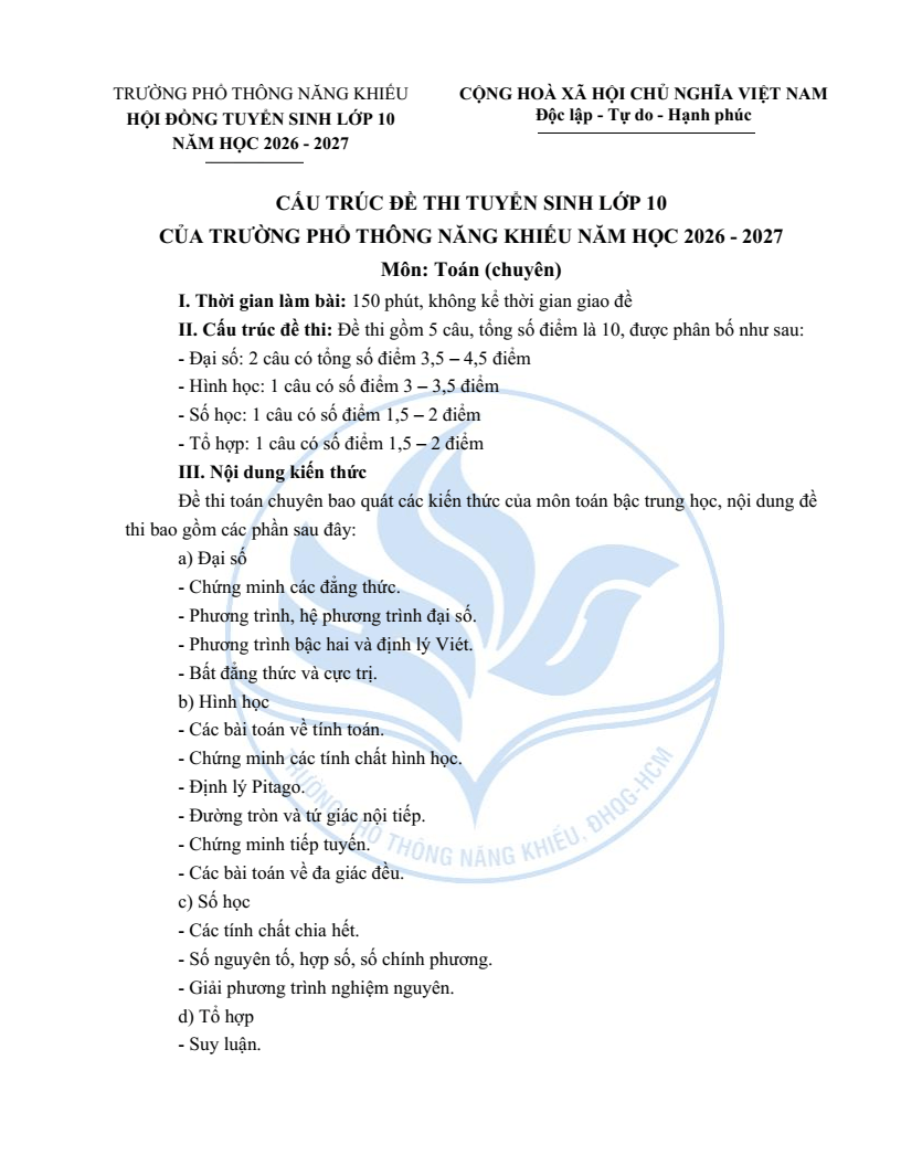 Đề minh họa Chuyên Toán vào lớp 10 trường Phổ thông Năng khiếu 2026