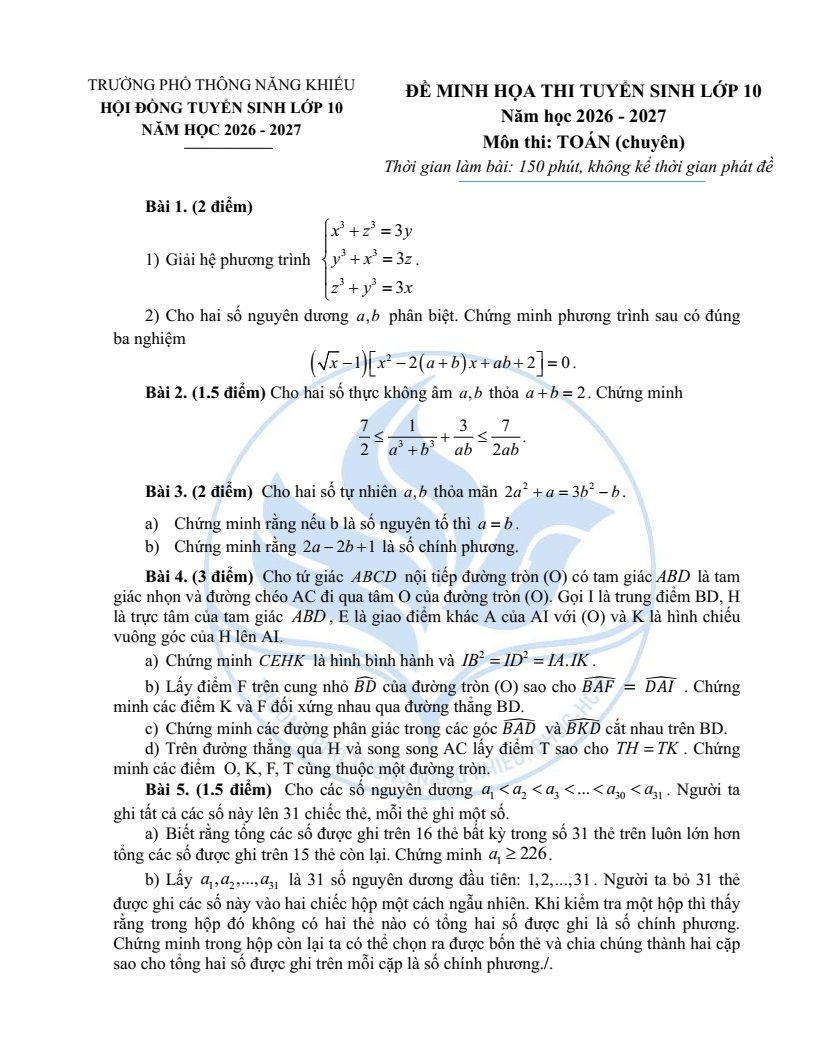 Đề minh họa Chuyên Toán vào lớp 10 trường Phổ thông Năng khiếu 2026