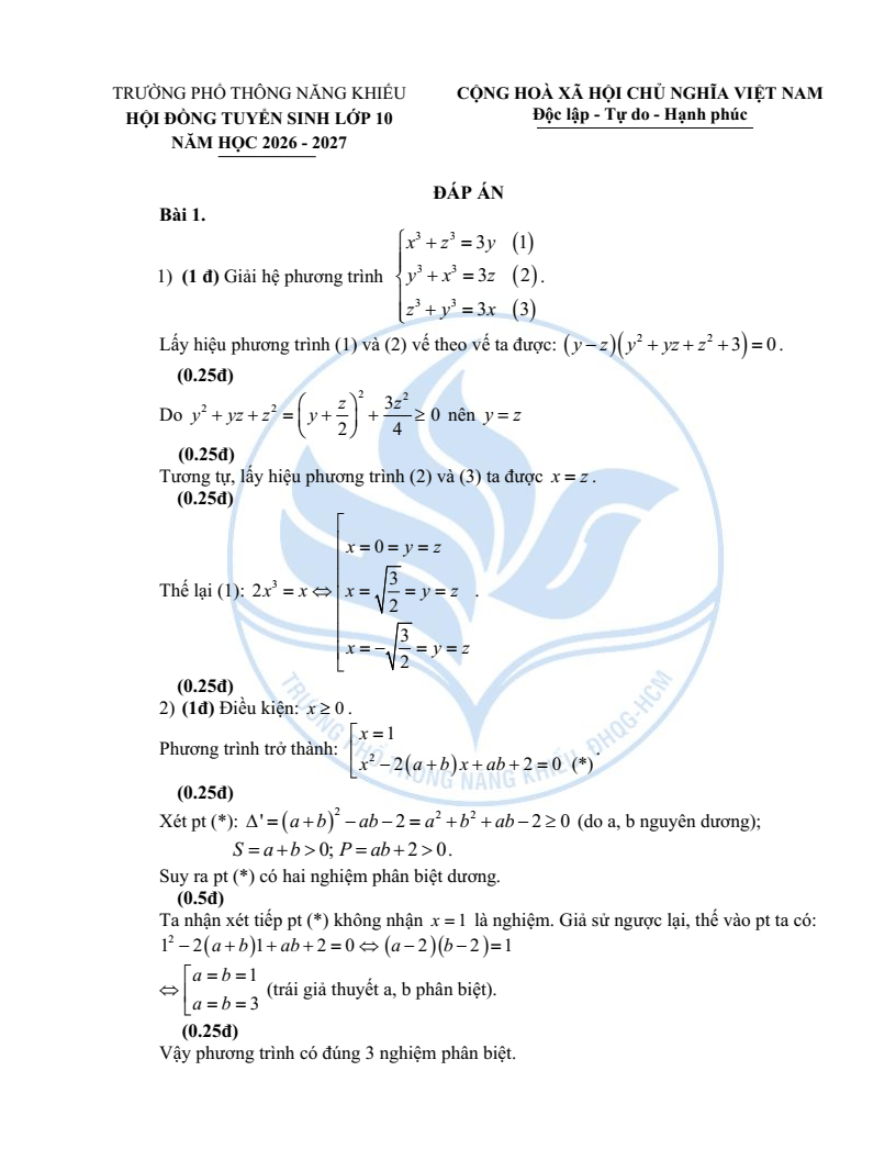 Đề minh họa Chuyên Toán vào lớp 10 trường Phổ thông Năng khiếu 2026