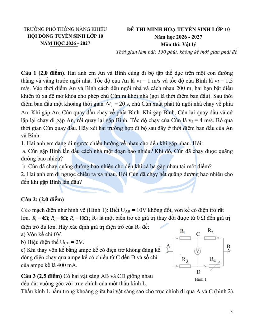 Đề minh họa Chuyên Vật lí vào lớp 10 trường Phổ thông Năng khiếu 2026