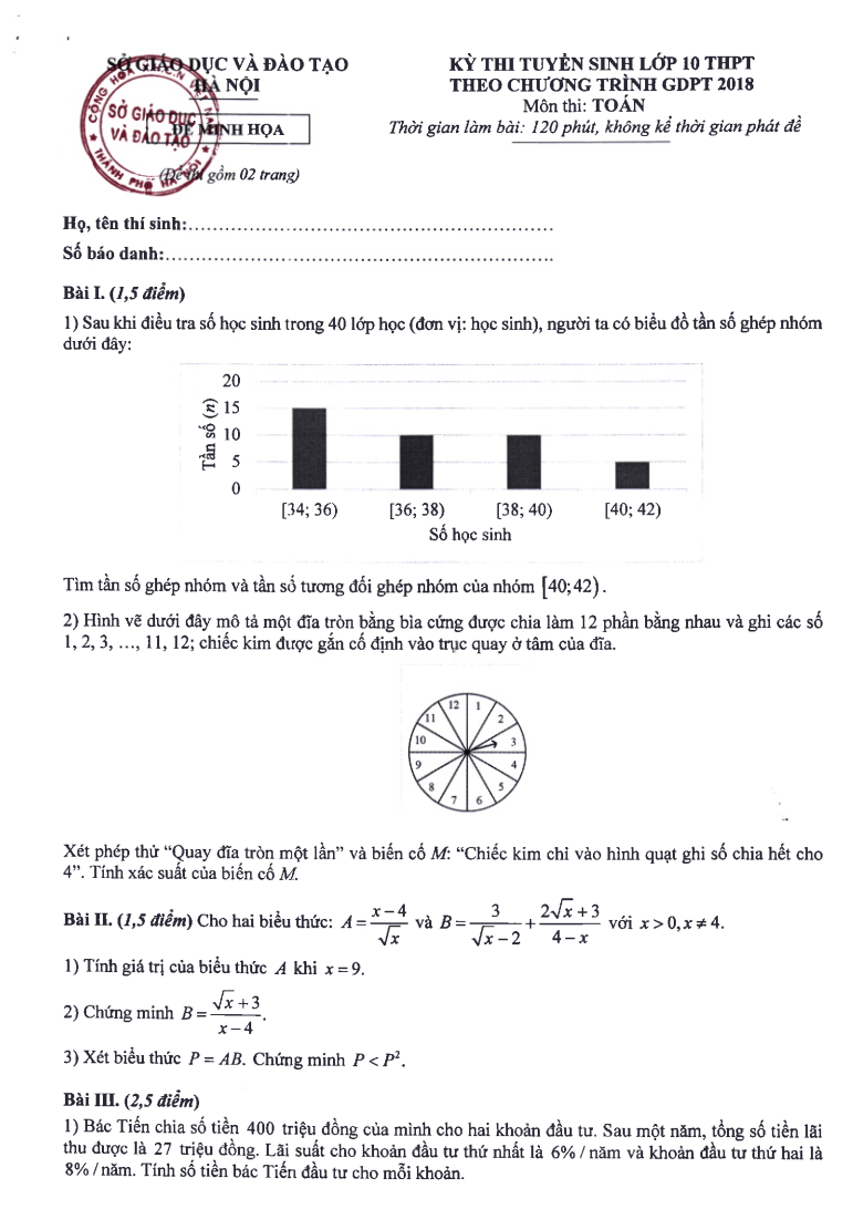 Đề minh họa Toán vào lớp 10 Hà Nội 2025