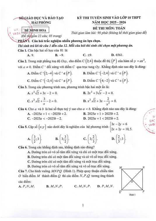 Đề minh họa Toán vào lớp 10 Hải Phòng 2025
