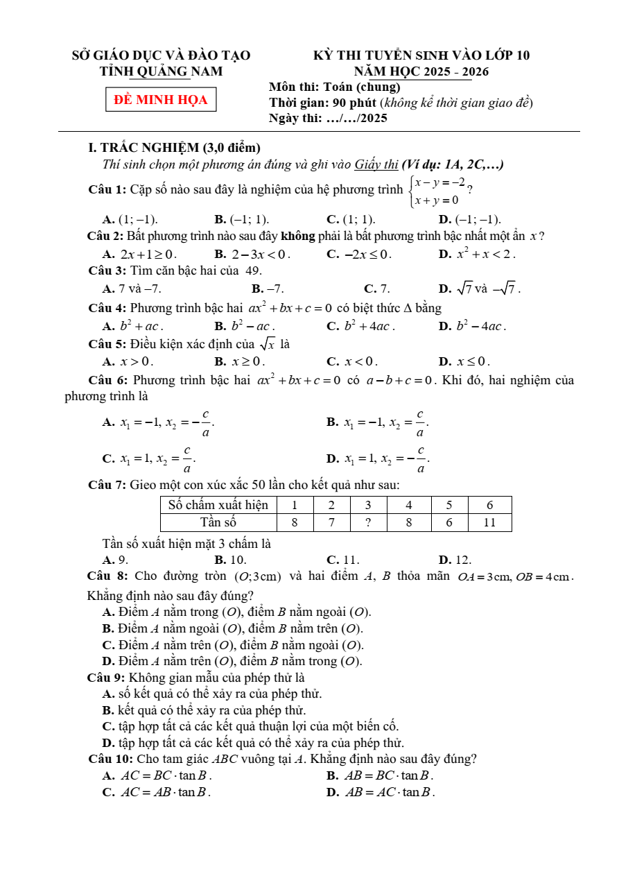 Đề minh họa Toán vào lớp 10 Quảng Nam 2025