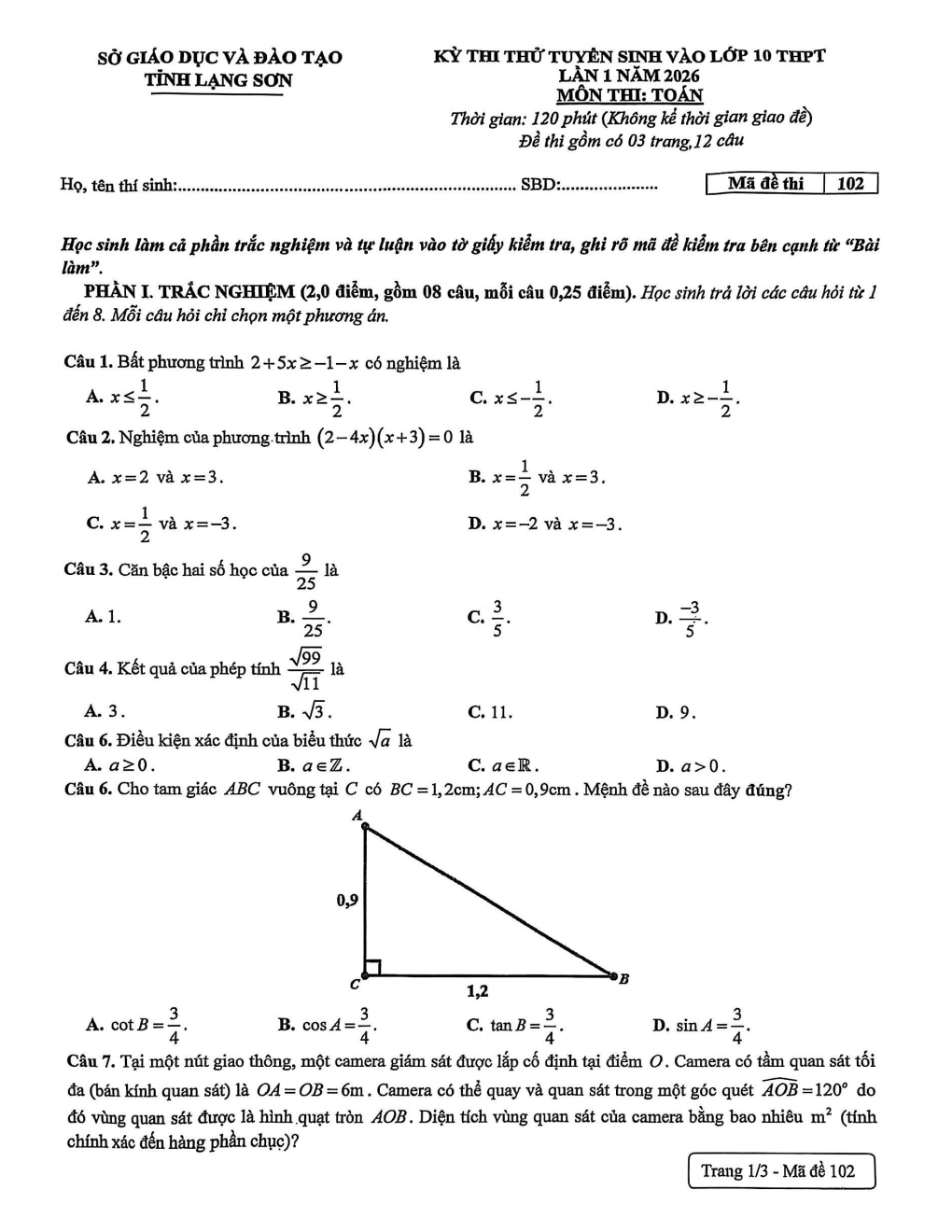 Đề minh họa Toán vào lớp 10 Sở GD&ĐT Lạng Sơn (Chung) năm 2026