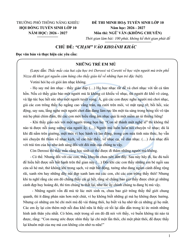 Đề minh họa vào lớp 10 trường Phổ thông Năng khiếu môn Ngữ văn (không Chuyên) 2026