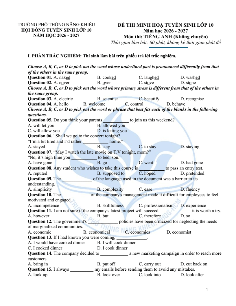 Đề minh họa vào lớp 10 trường Phổ thông Năng khiếu môn Tiếng Anh (không Chuyên) 2026