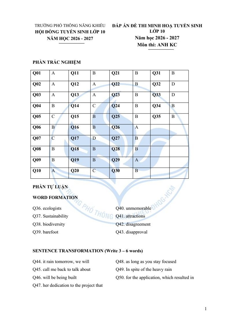 Đề minh họa vào lớp 10 trường Phổ thông Năng khiếu môn Tiếng Anh (không Chuyên) 2026