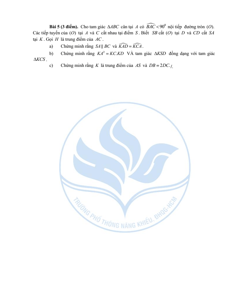 Đề minh họa vào lớp 10 trường Phổ thông Năng khiếu môn Toán (không Chuyên) 2026