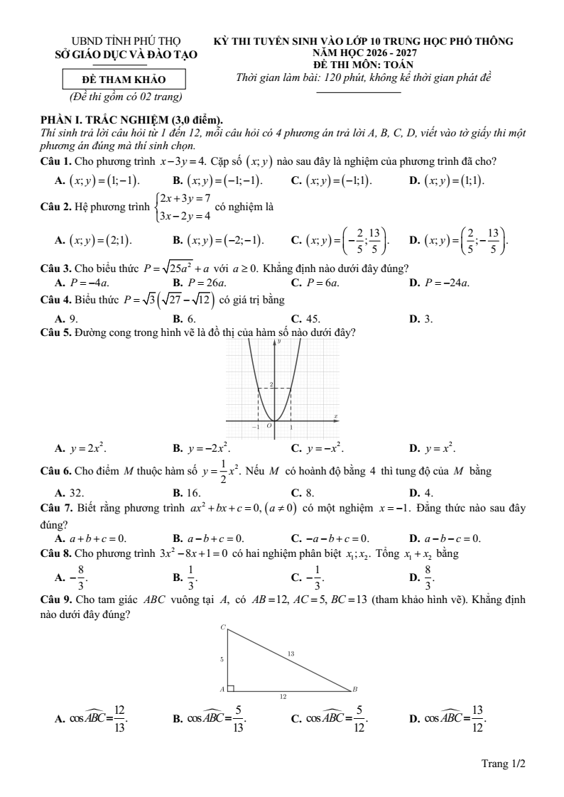 Đề tham khảo tuyển sinh vào lớp 10 Toán (không chuyên) Phú Thọ năm 2026