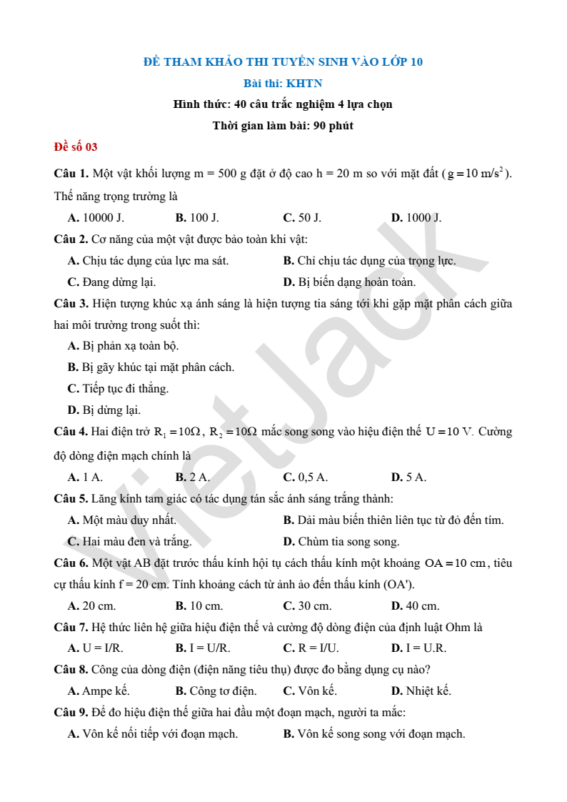 5 Đề thi KHTN vào lớp 10 theo cấu trúc Tuyên Quang
