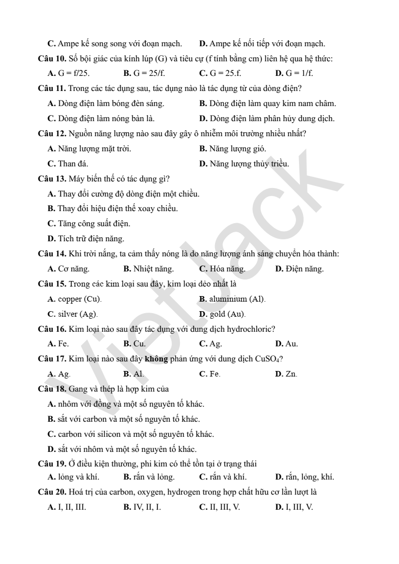 5 Đề thi KHTN vào lớp 10 theo cấu trúc Tuyên Quang